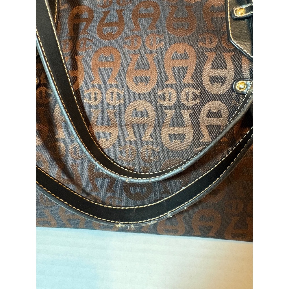 Etienne Aigner Signature Jacquard Logo Tote Bag Brown Black Leather Trim - Picture 8 of 8